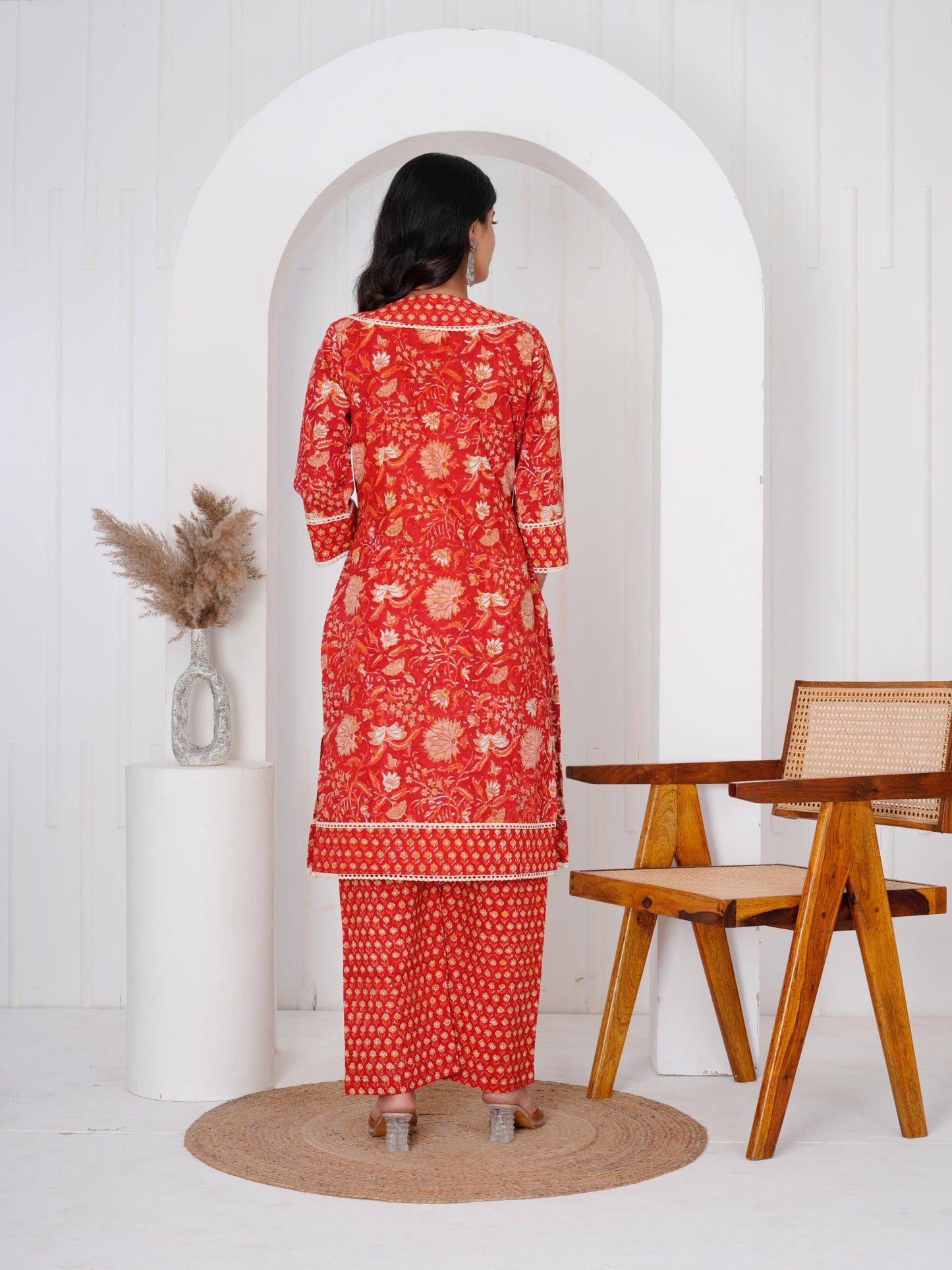 Radiant Red Three Piece Suit with Kota Doriya Dupatta