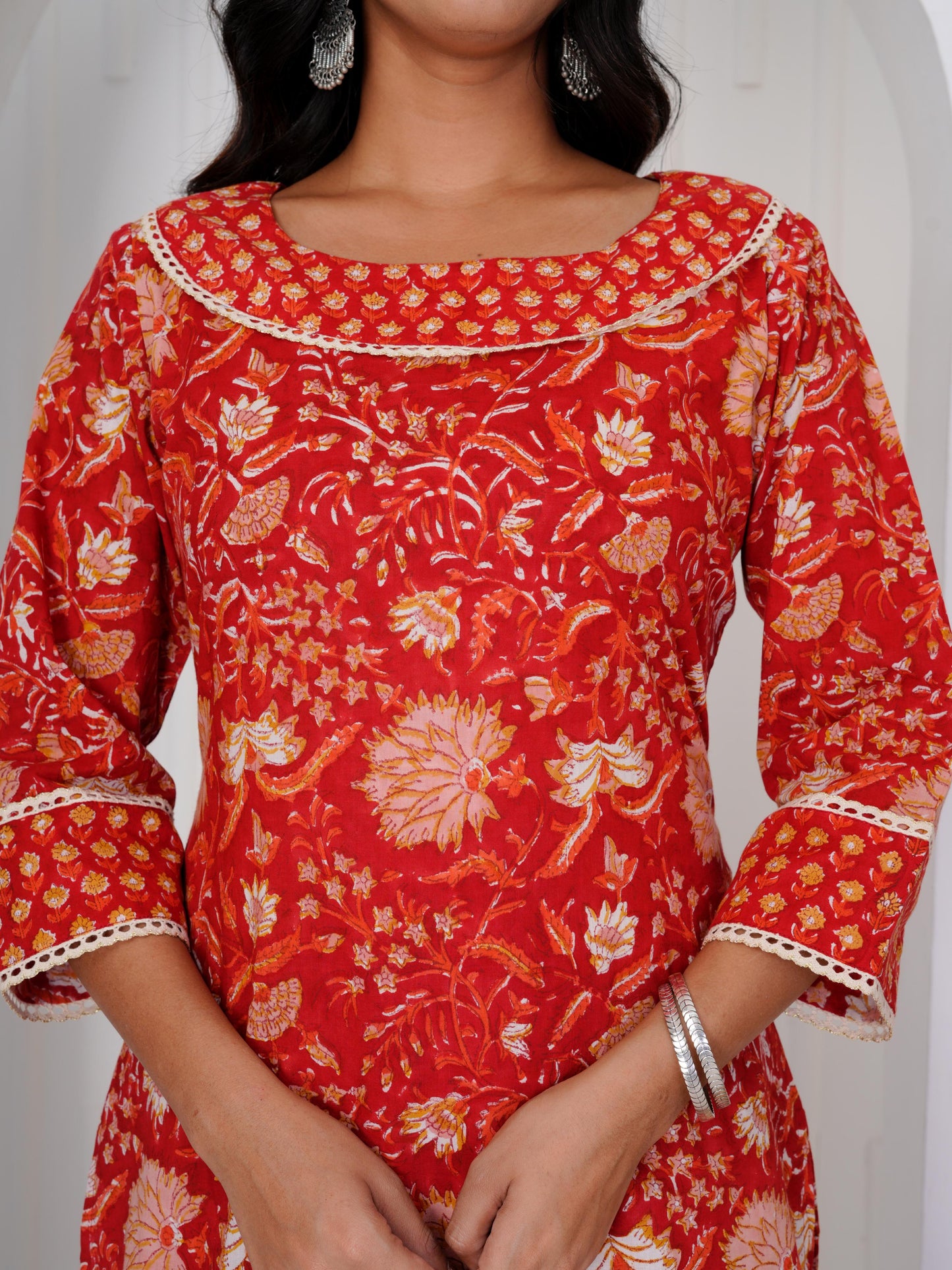 Radiant Red Three Piece Suit with Kota Doriya Dupatta