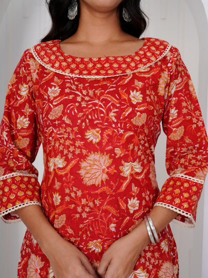 Radiant Red Three Piece Suit with Kota Doriya Dupatta