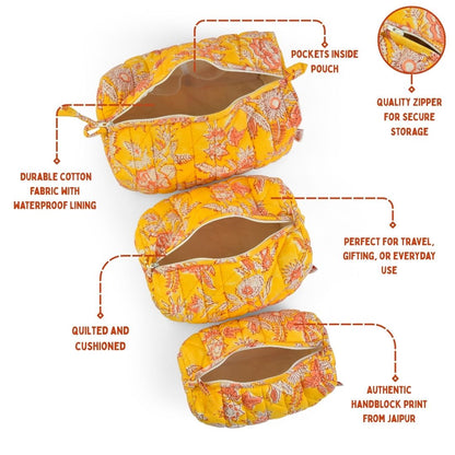 Radiant Yellow - Set of 3 Handblock Printed Quilted Pouches | Crafted in Jaipur