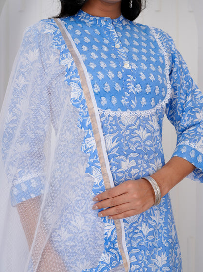 Calm Blue Three Piece Suit with Kota Doriya Dupatta