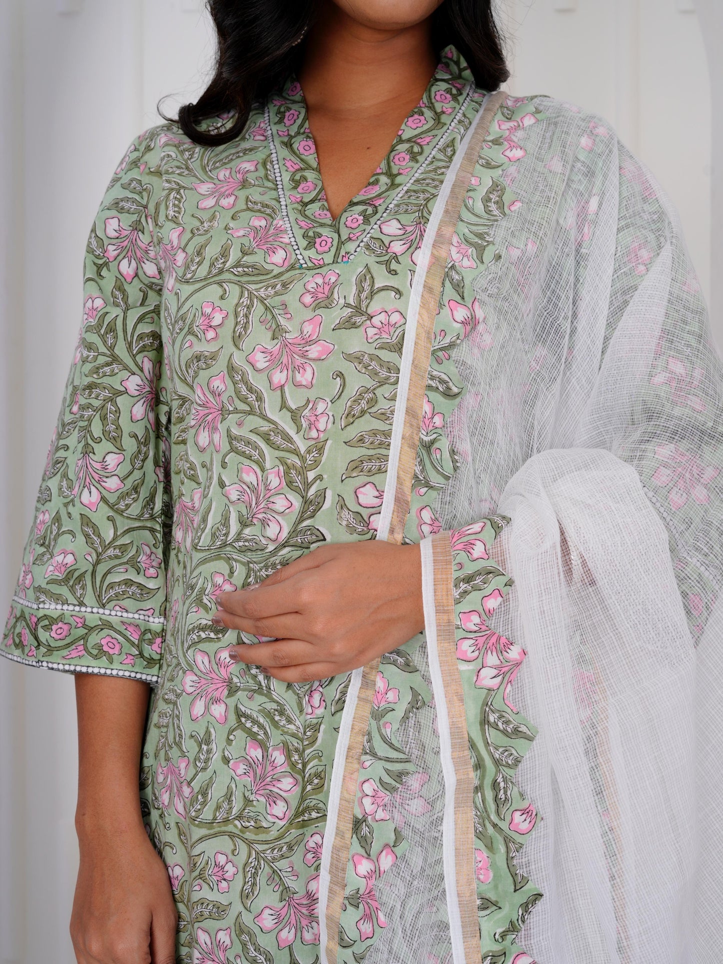 Bloom Green Three Piece Suit with Kota Doriya Dupatta