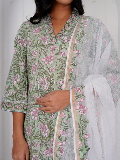 Bloom Green Three Piece Suit with Kota Doriya Dupatta