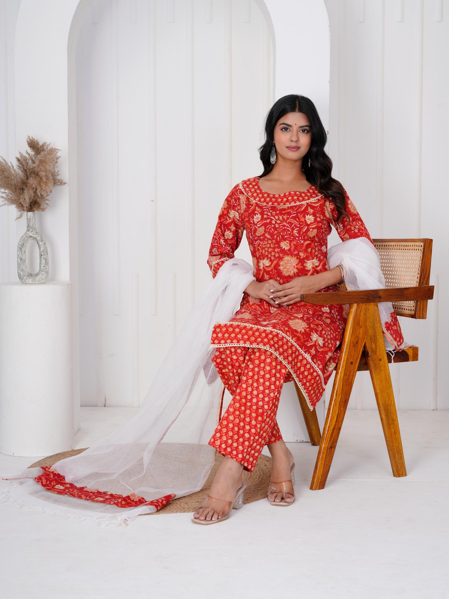 Radiant Red Three Piece Suit with Kota Doriya Dupatta