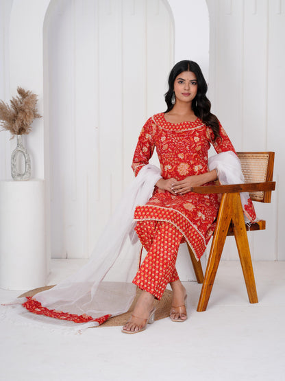 Radiant Red Three Piece Suit with Kota Doriya Dupatta