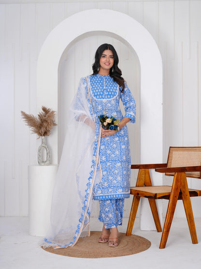 Calm Blue Three Piece Suit with Kota Doriya Dupatta