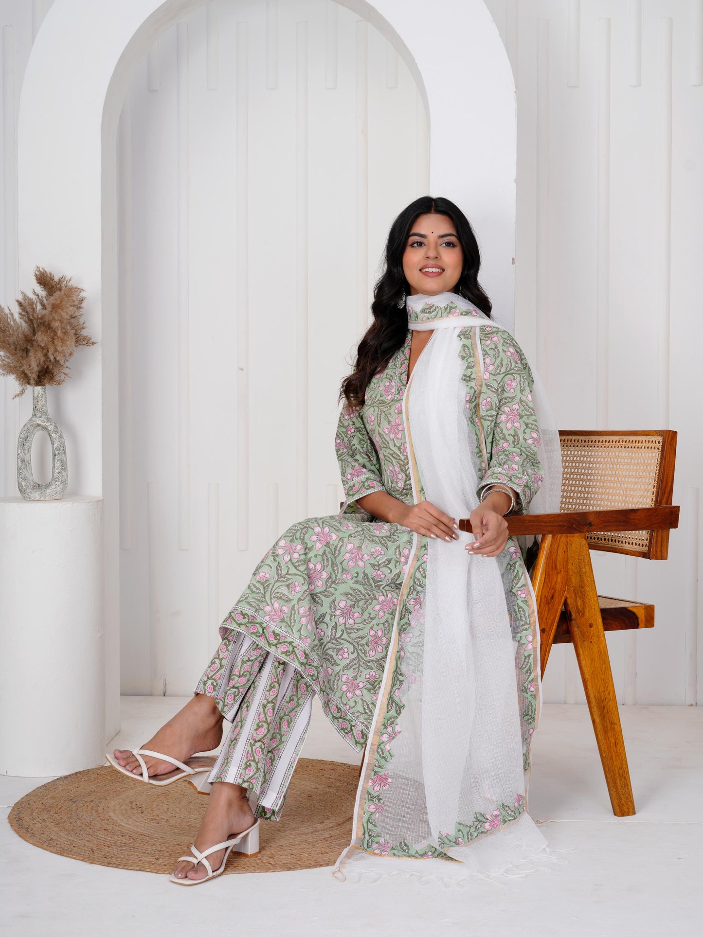 Bloom Green Three Piece Suit with Kota Doriya Dupatta