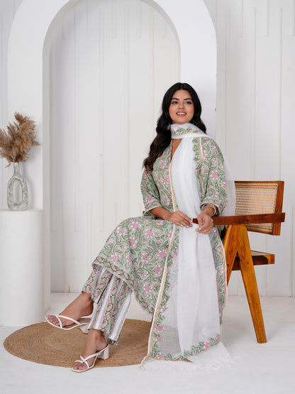Bloom Green Three Piece Suit with Kota Doriya Dupatta