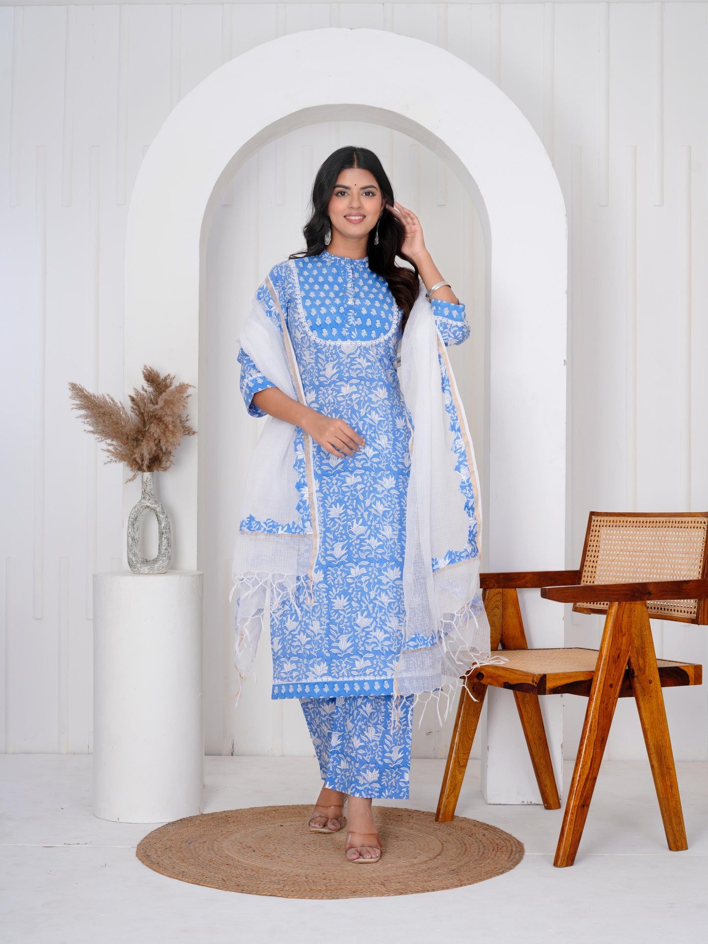 Calm Blue Three Piece Suit with Kota Doriya Dupatta