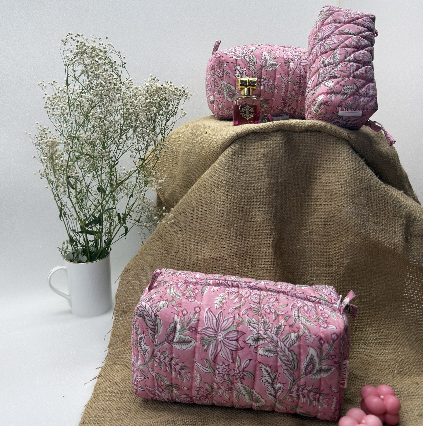 Blissful Pink - Set of 3 Handblock Printed Quilted Pouches | Crafted in Jaipur