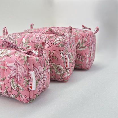Blissful Pink - Set of 3 Handblock Printed Quilted Pouches | Crafted in Jaipur