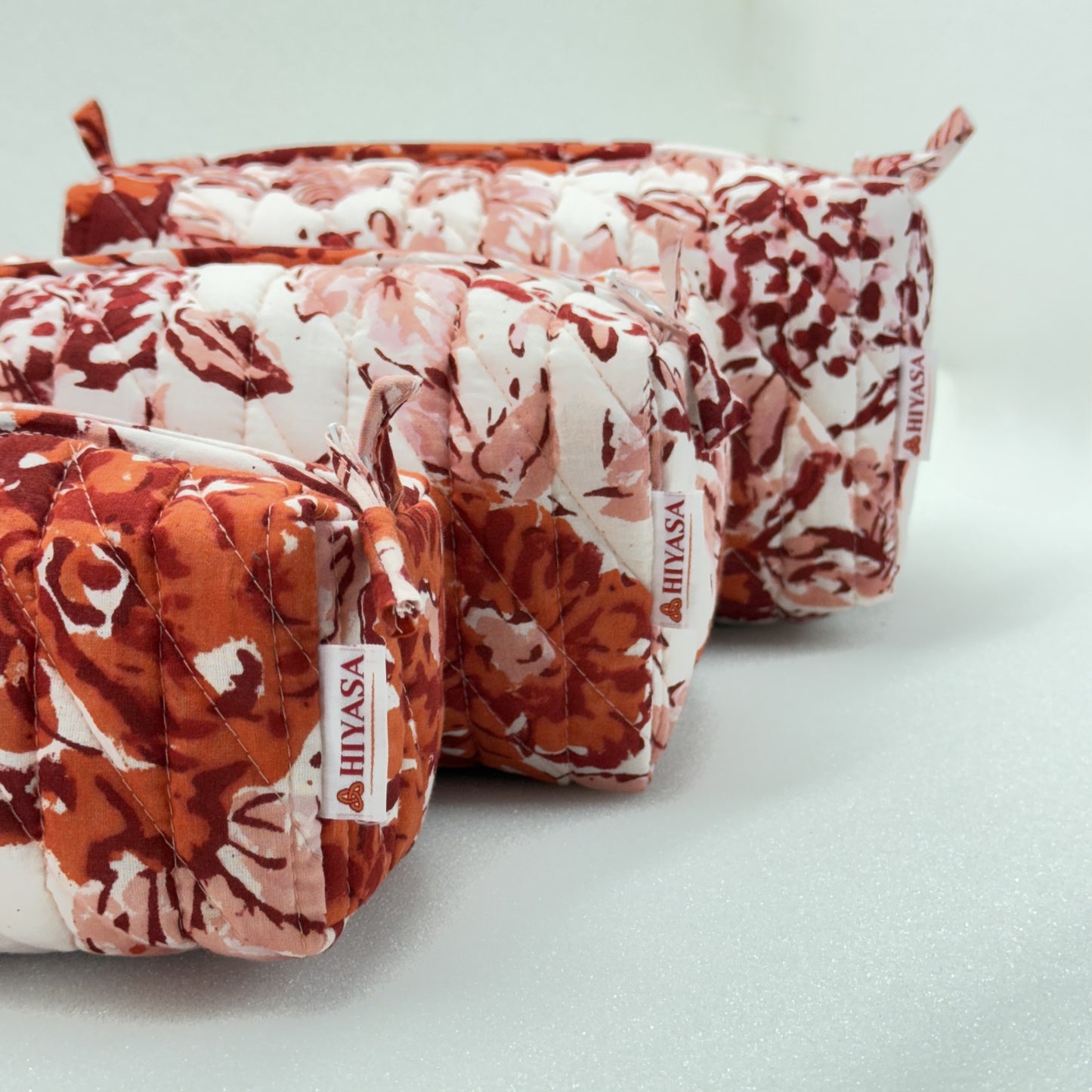 Gulzaar Rose - Set of 3 Handblock Printed Quilted Pouches | Crafted in Jaipur