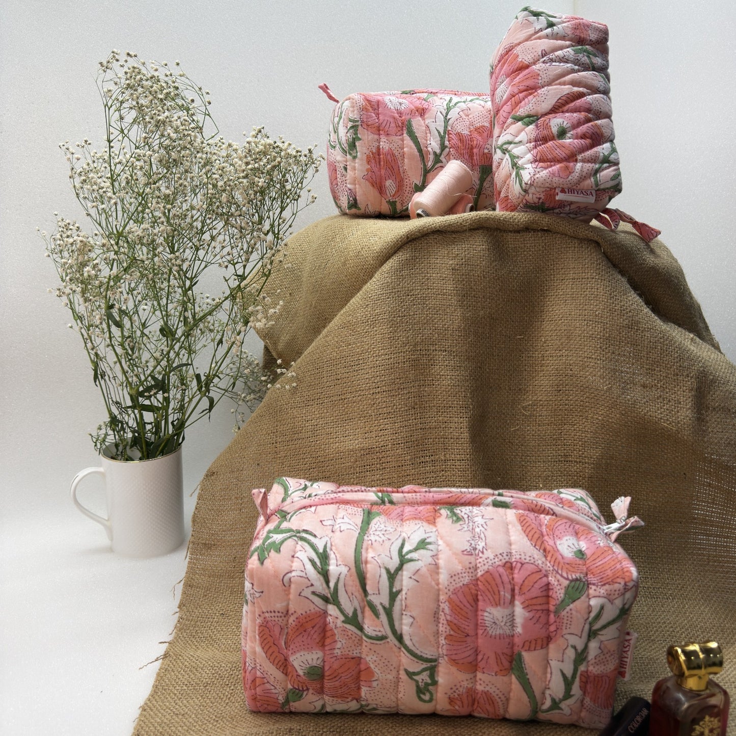 Peaceful Peach - Set of 3 Handblock Printed Quilted Pouches | Crafted in Jaipur