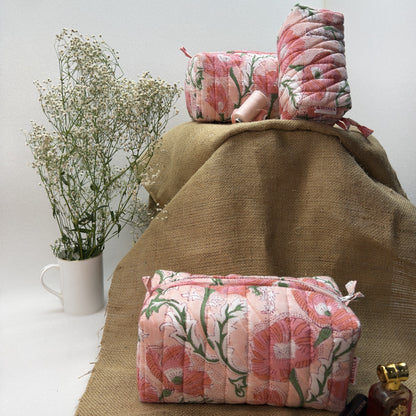 Peaceful Peach - Set of 3 Handblock Printed Quilted Pouches | Crafted in Jaipur
