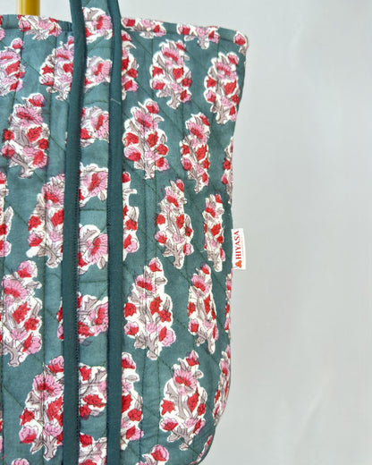 Graceful Emerald Quilted Tote Bag | Made in Jaipur