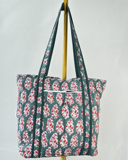 Graceful Emerald Quilted Tote Bag | Made in Jaipur
