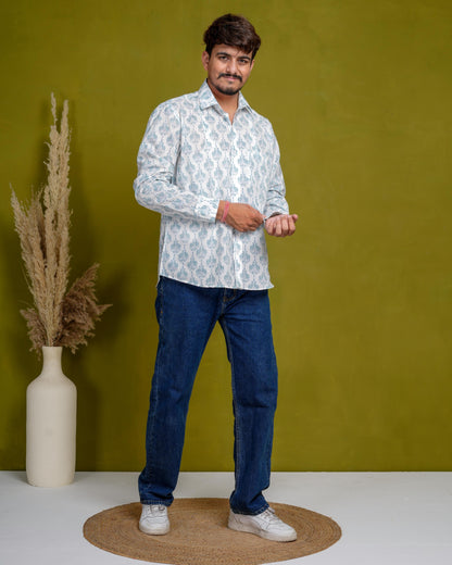 True Blue Men’s Handblock Full Sleeve Shirt - Woven with Purpose, Worn with Pride