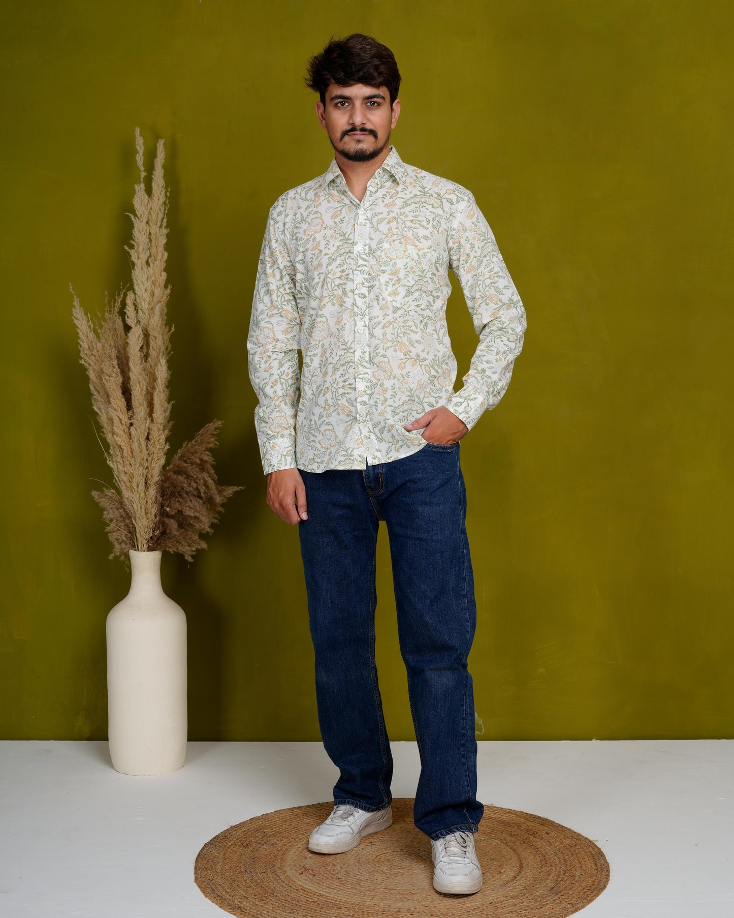 Optimistic Olive Men’s Handblock Full Sleeve Shirt - Woven with Purpose, Worn with Pride