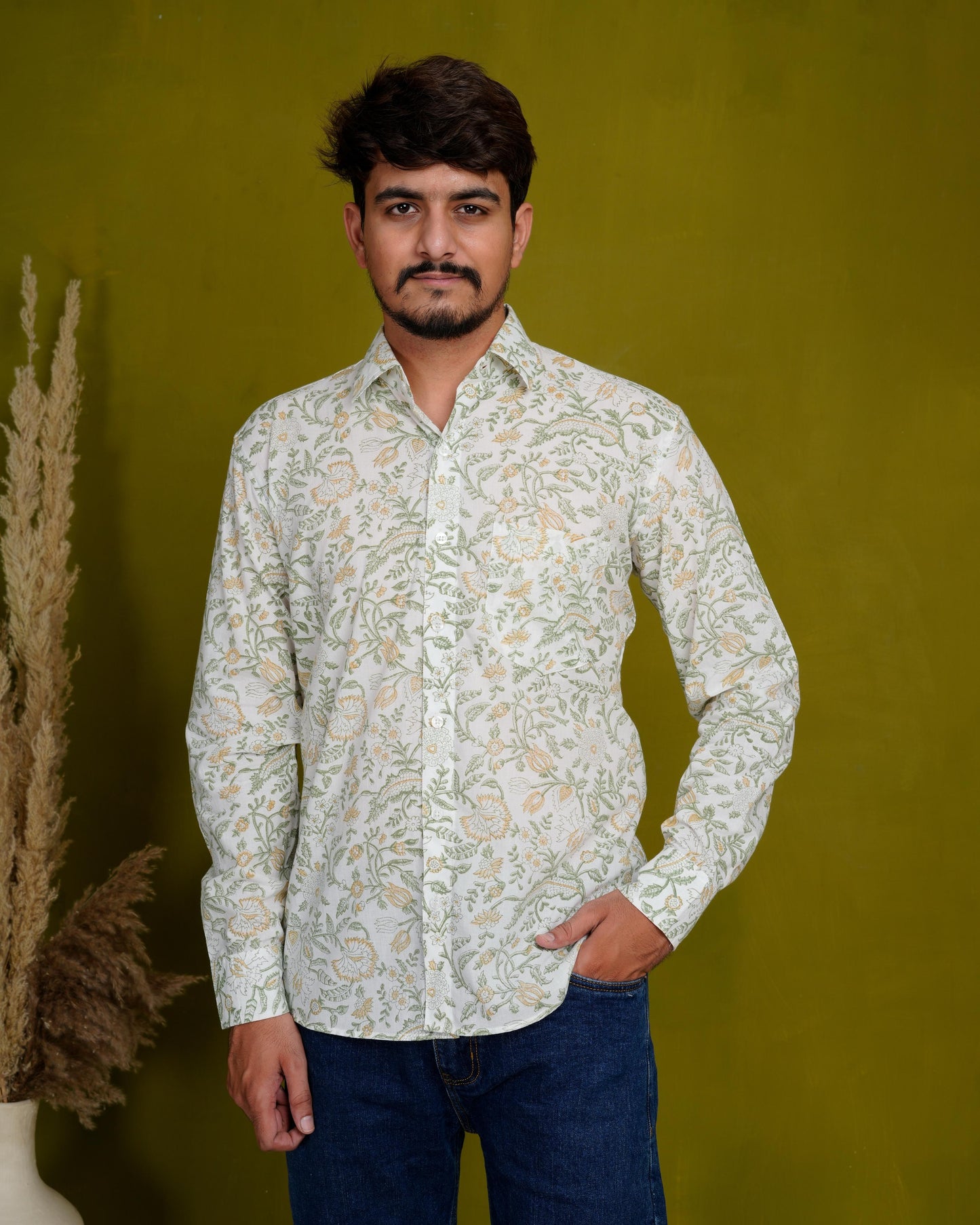 Optimistic Olive Men’s Handblock Full Sleeve Shirt - Woven with Purpose, Worn with Pride