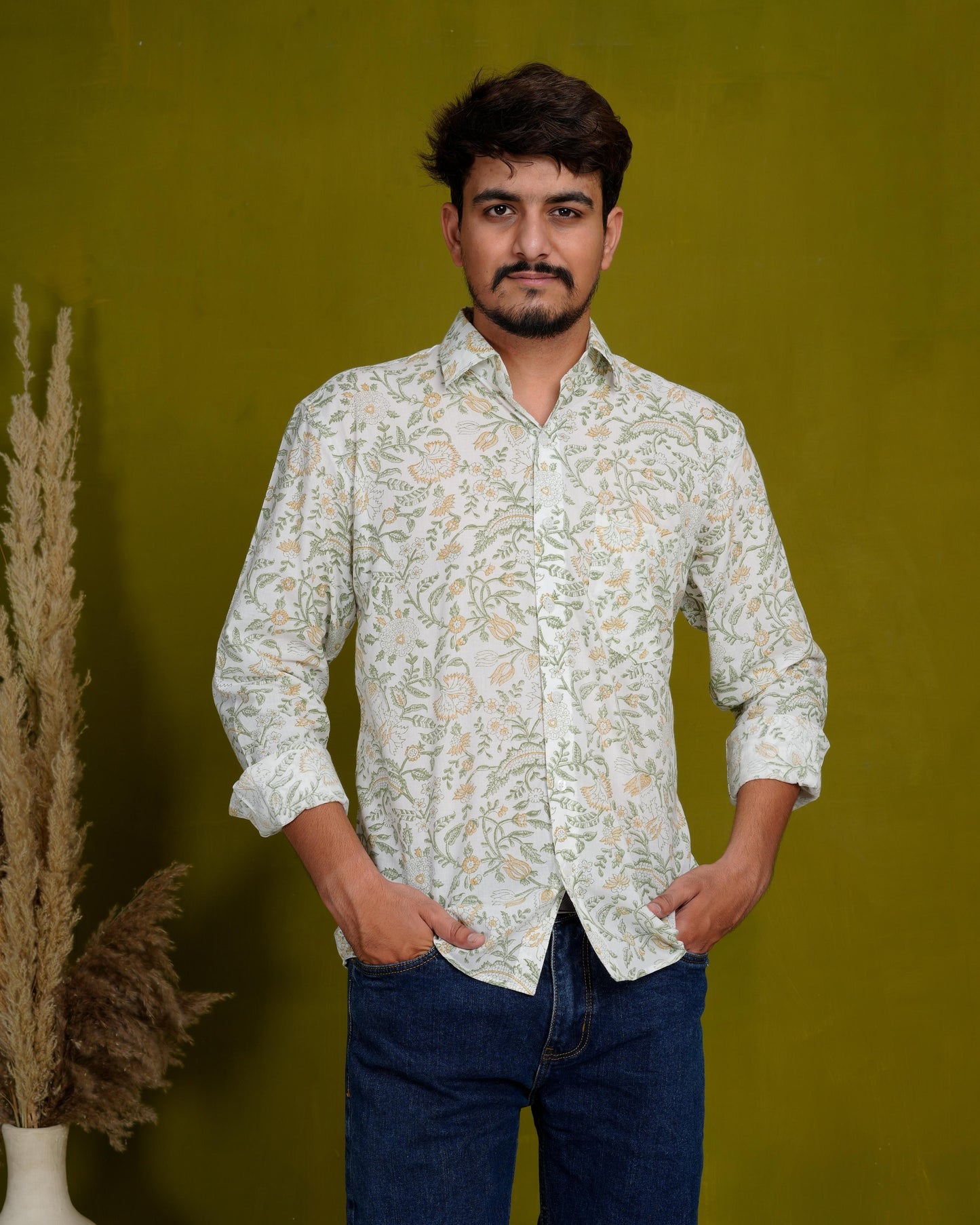 Optimistic Olive Men’s Handblock Full Sleeve Shirt - Woven with Purpose, Worn with Pride