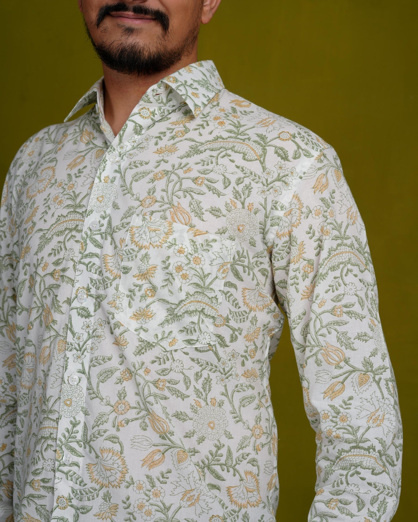 Optimistic Olive Men’s Handblock Full Sleeve Shirt - Woven with Purpose, Worn with Pride