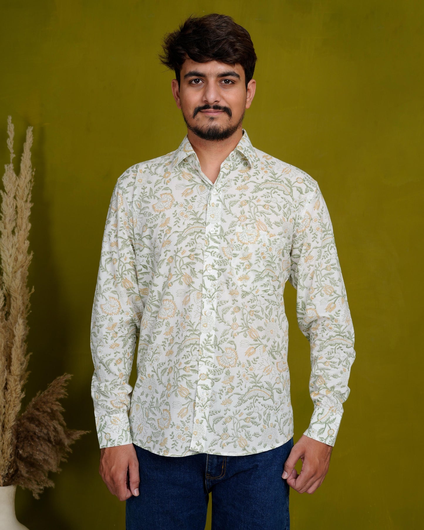 Optimistic Olive Men’s Handblock Full Sleeve Shirt - Woven with Purpose, Worn with Pride