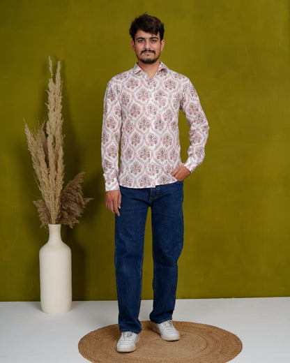 Rooted Peach Men’s Handblock Full Sleeve Shirt - Woven with Purpose, Worn with Pride