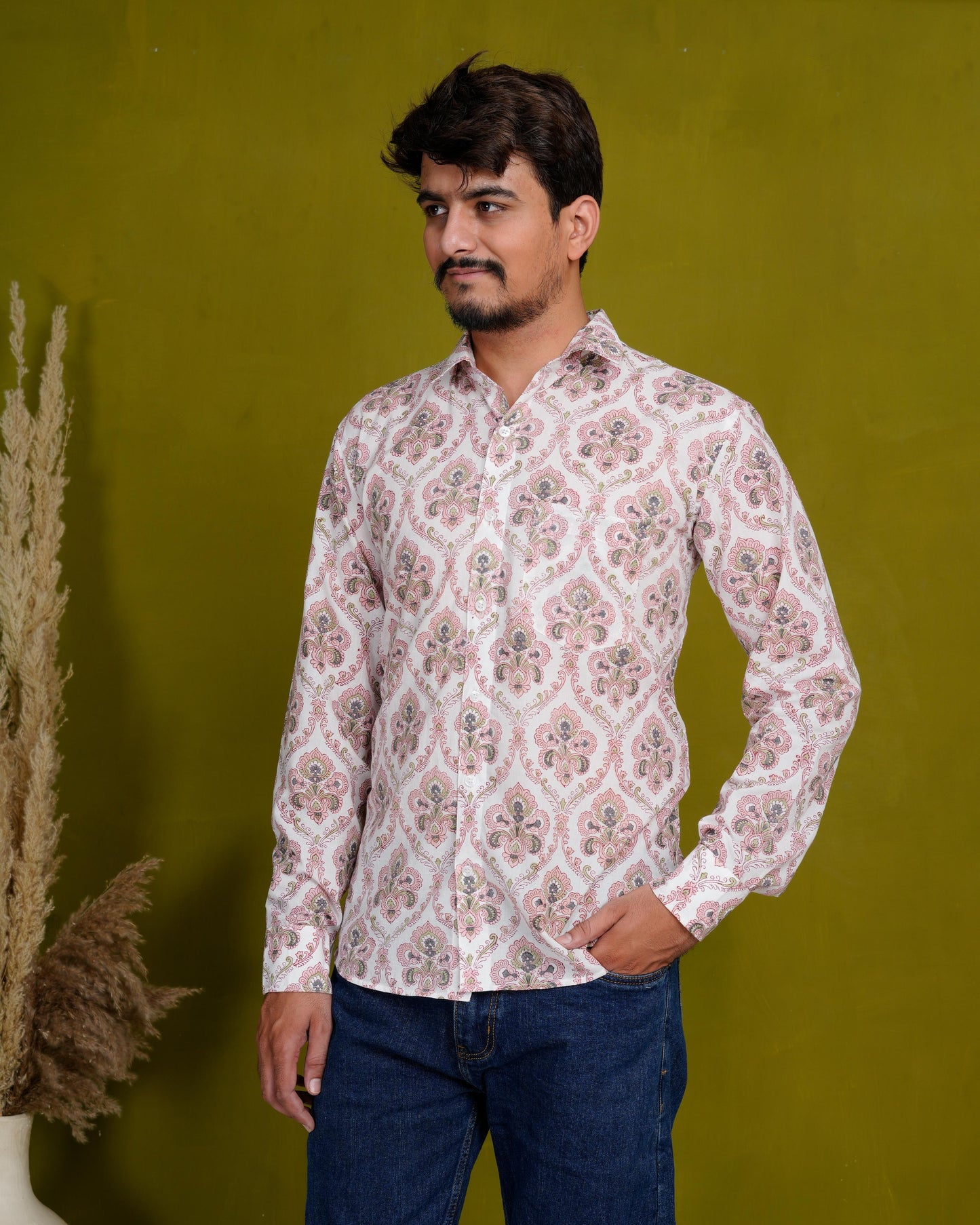 Rooted Peach Men’s Handblock Full Sleeve Shirt - Woven with Purpose, Worn with Pride