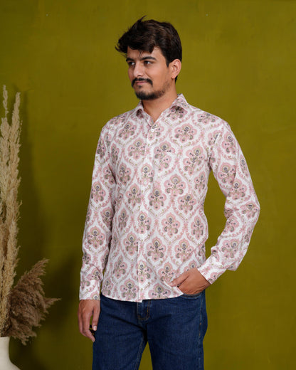 Rooted Peach Men’s Handblock Full Sleeve Shirt - Woven with Purpose, Worn with Pride