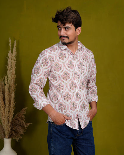 Rooted Peach Men’s Handblock Full Sleeve Shirt - Woven with Purpose, Worn with Pride