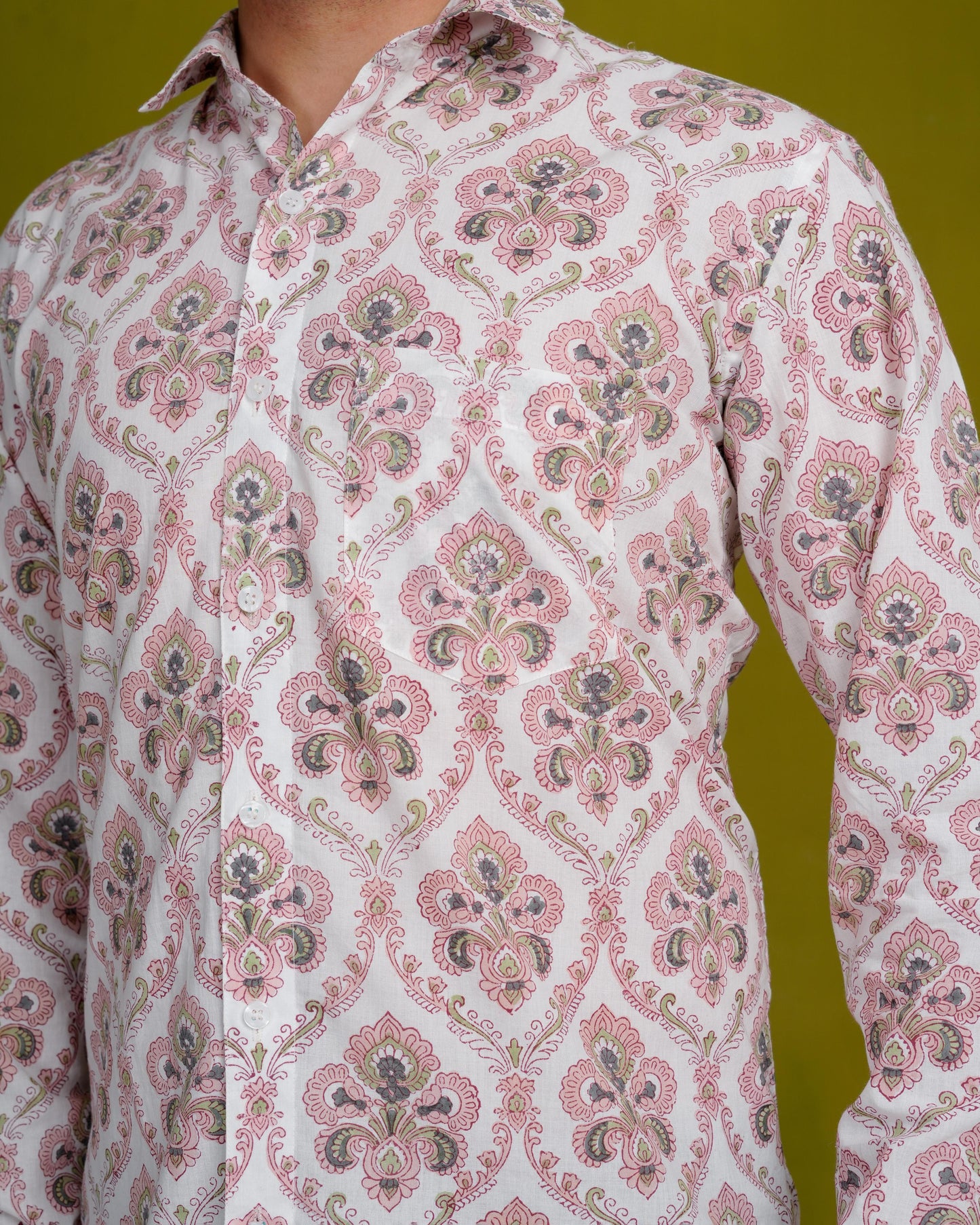 Rooted Peach Men’s Handblock Full Sleeve Shirt - Woven with Purpose, Worn with Pride