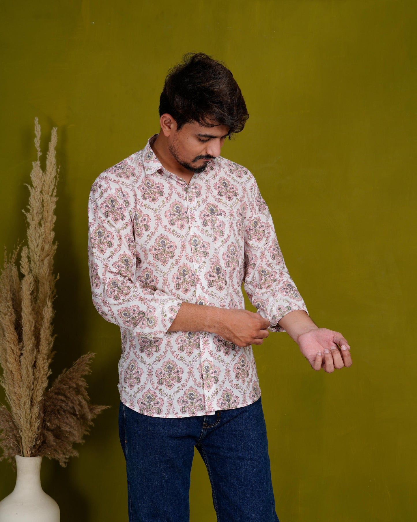 Rooted Peach Men’s Handblock Full Sleeve Shirt - Woven with Purpose, Worn with Pride