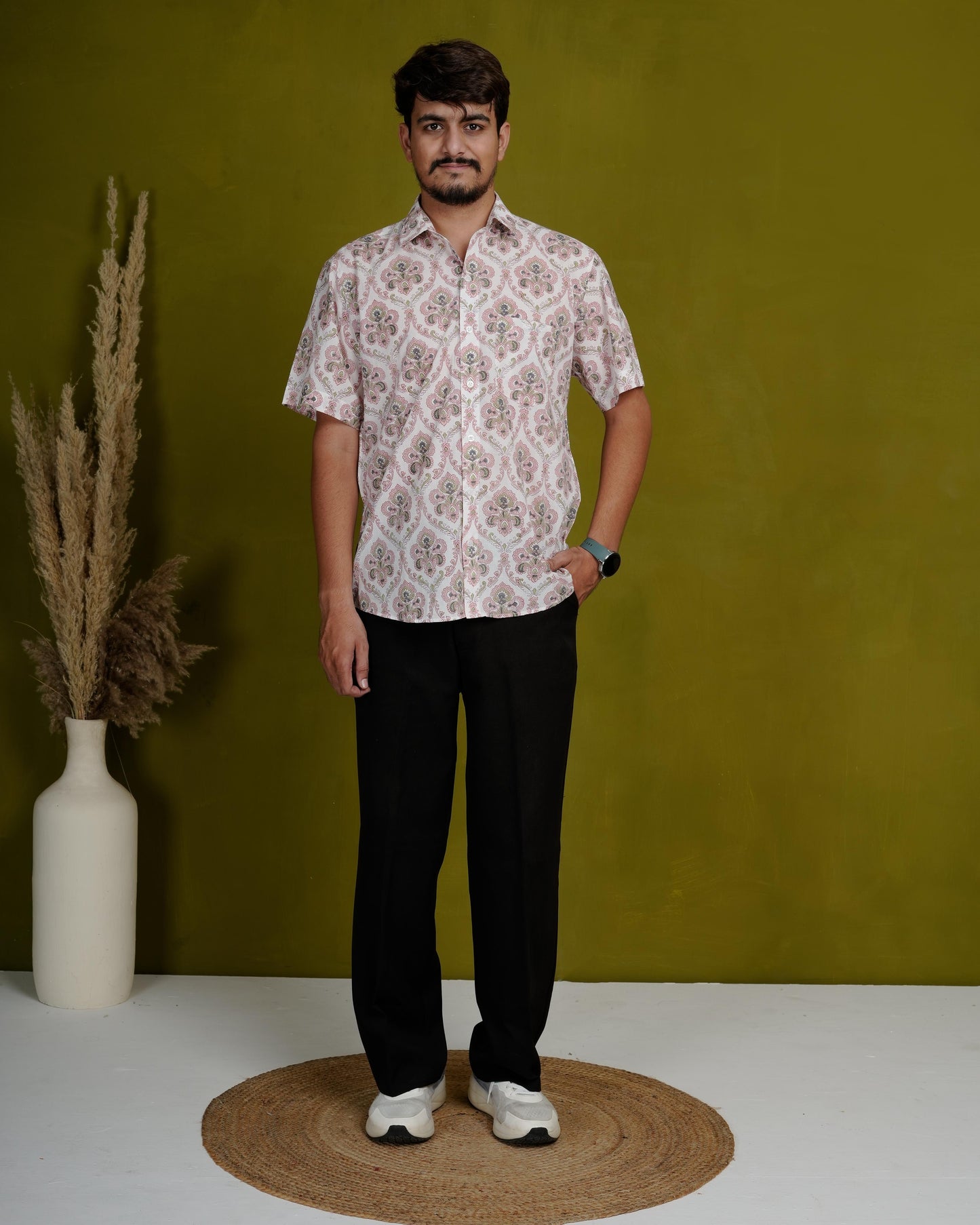 Rooted Peach Men’s Handblock Half Sleeve Shirt - Woven with Purpose, Worn with Pride