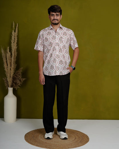 Rooted Peach Men’s Handblock Half Sleeve Shirt - Woven with Purpose, Worn with Pride