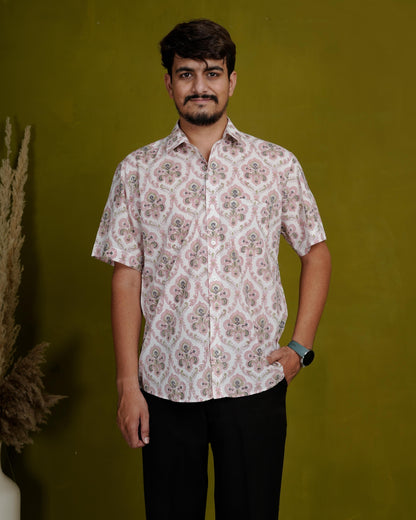 Rooted Peach Men’s Handblock Half Sleeve Shirt - Woven with Purpose, Worn with Pride