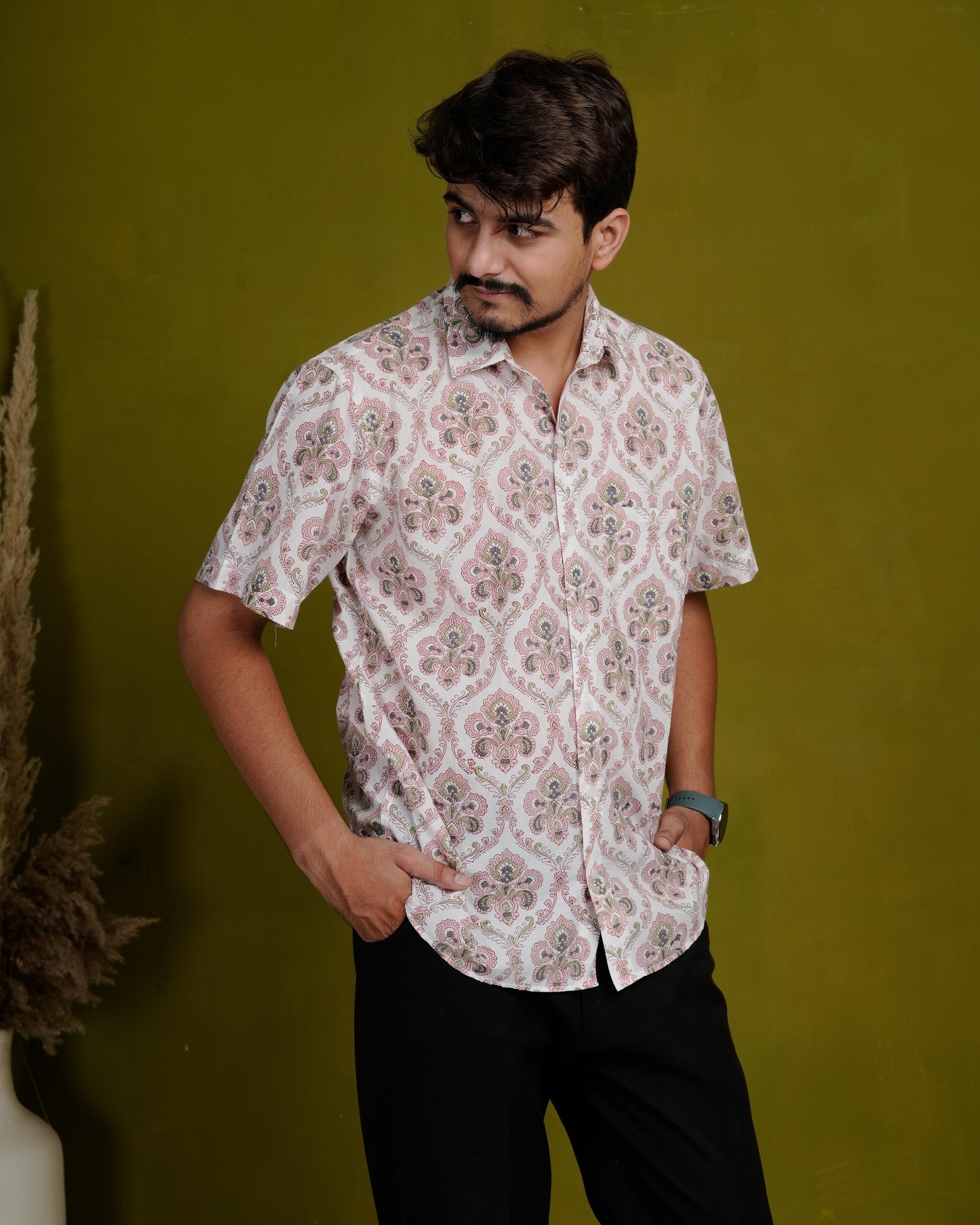 Rooted Peach Men’s Handblock Half Sleeve Shirt - Woven with Purpose, Worn with Pride