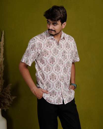 Rooted Peach Men’s Handblock Half Sleeve Shirt - Woven with Purpose, Worn with Pride