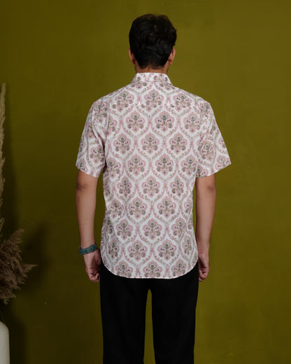 Rooted Peach Men’s Handblock Half Sleeve Shirt - Woven with Purpose, Worn with Pride