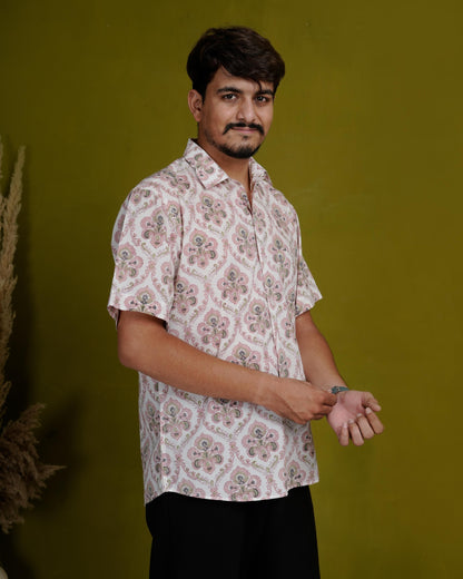 Rooted Peach Men’s Handblock Half Sleeve Shirt - Woven with Purpose, Worn with Pride