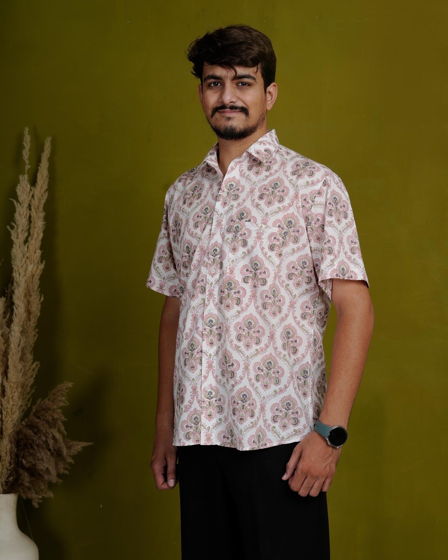 Rooted Peach Men’s Handblock Half Sleeve Shirt - Woven with Purpose, Worn with Pride