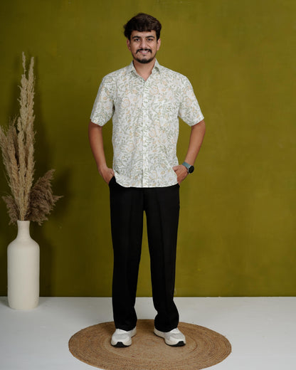 Optimistic Olive Men’s Handblock Half Sleeve Shirt - Woven with Purpose, Worn with Pride