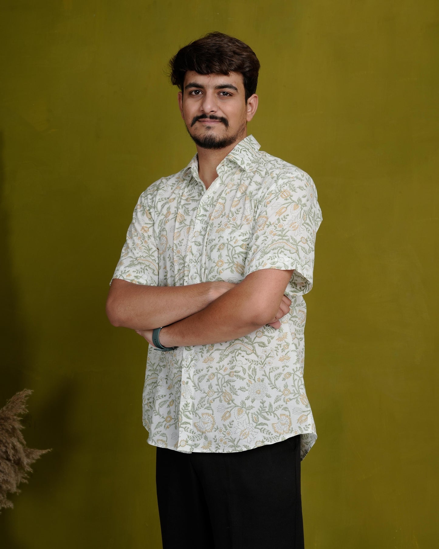 Optimistic Olive Men’s Handblock Half Sleeve Shirt - Woven with Purpose, Worn with Pride