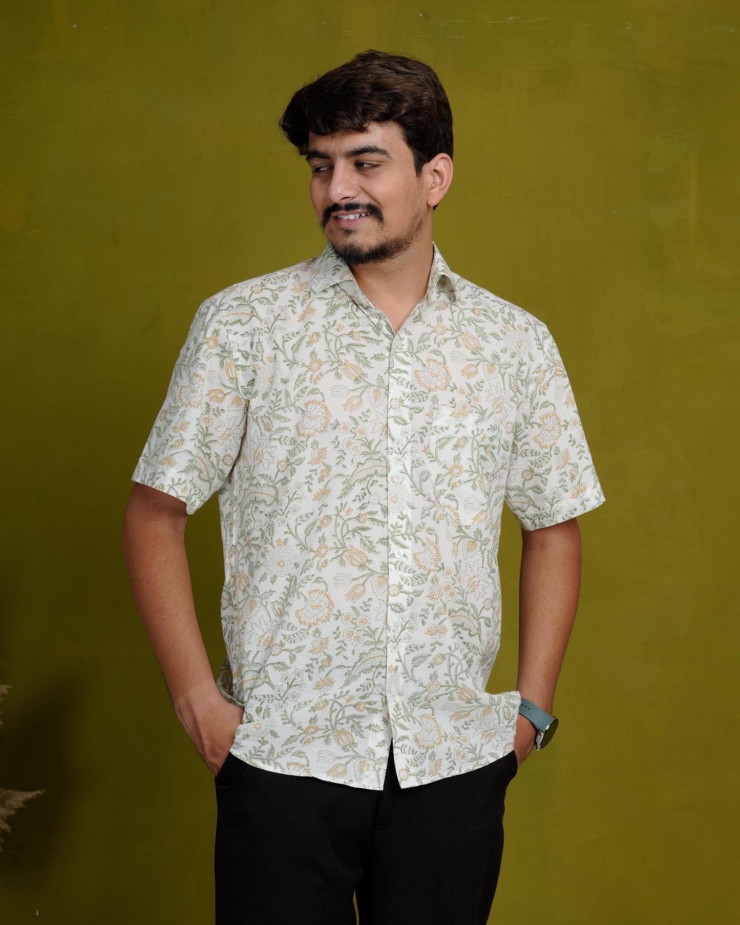 Optimistic Olive Men’s Handblock Half Sleeve Shirt - Woven with Purpose, Worn with Pride