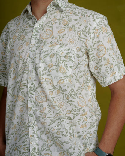 Optimistic Olive Men’s Handblock Half Sleeve Shirt - Woven with Purpose, Worn with Pride