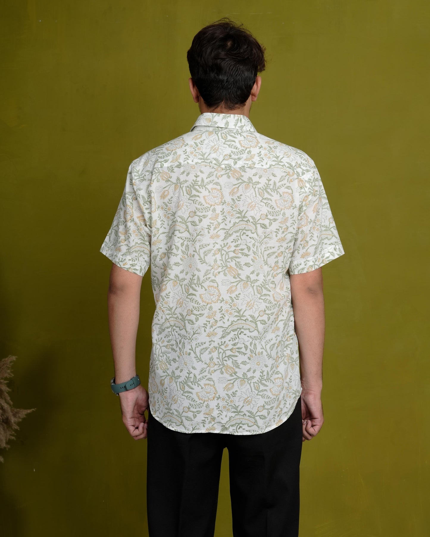 Optimistic Olive Men’s Handblock Half Sleeve Shirt - Woven with Purpose, Worn with Pride