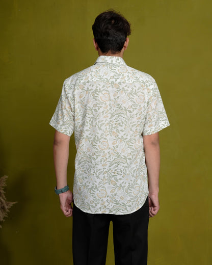 Optimistic Olive Men’s Handblock Half Sleeve Shirt - Woven with Purpose, Worn with Pride