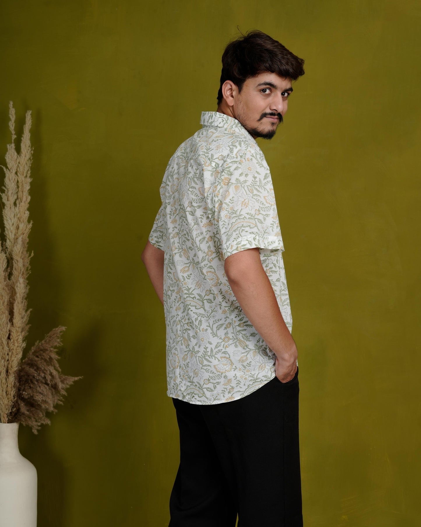 Optimistic Olive Men’s Handblock Half Sleeve Shirt - Woven with Purpose, Worn with Pride