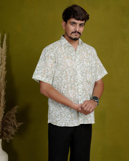 Optimistic Olive Men’s Handblock Half Sleeve Shirt - Woven with Purpose, Worn with Pride