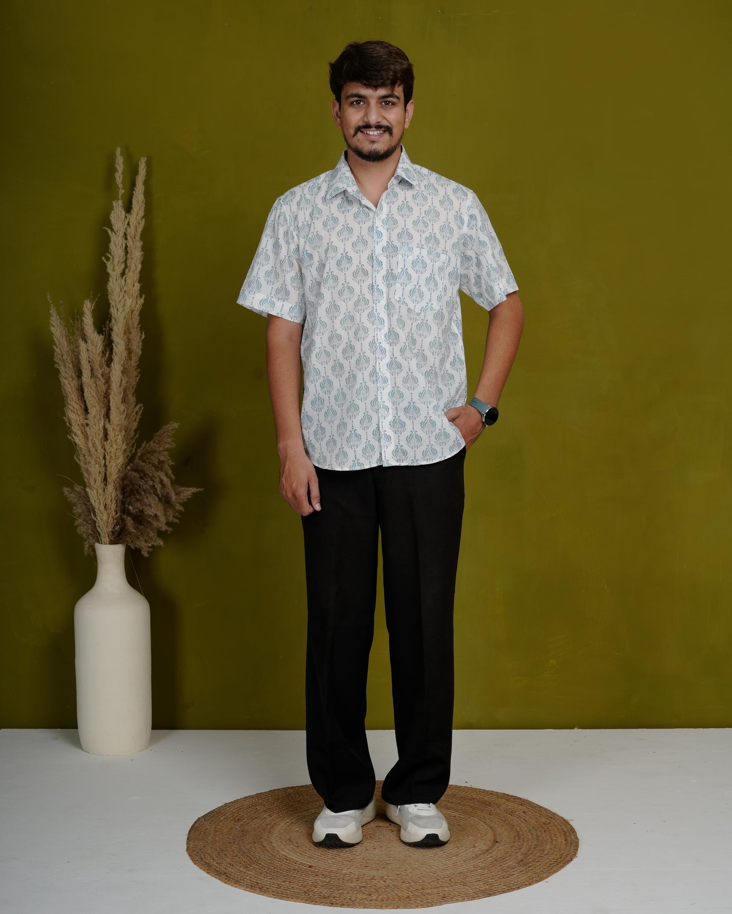 True Blue Men’s Handblock Half Sleeve Shirt - Woven with Purpose, Worn with Pride