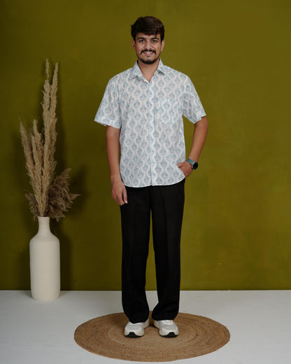 True Blue Men’s Handblock Half Sleeve Shirt - Woven with Purpose, Worn with Pride